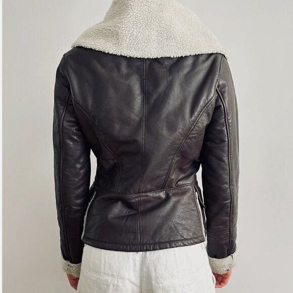 Danier Leather Bomber Jacket Brown Aviator Genuine Leather Shearling Collar Vtg - Picture 5 of 6